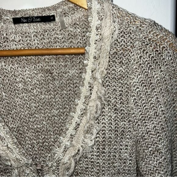 Nic & Zoe Open Knit Beige Cardigan With Fringe Trim 3/4 Sleeves Women's Size S - Picture 3 of 11